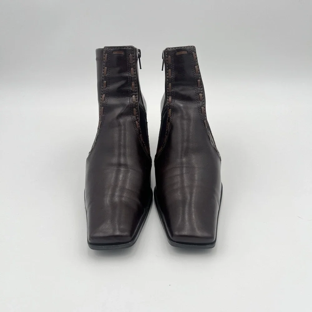 Franco Sarto Brown Leather Ankle Boots Block Heel Side Zip Women's 8M